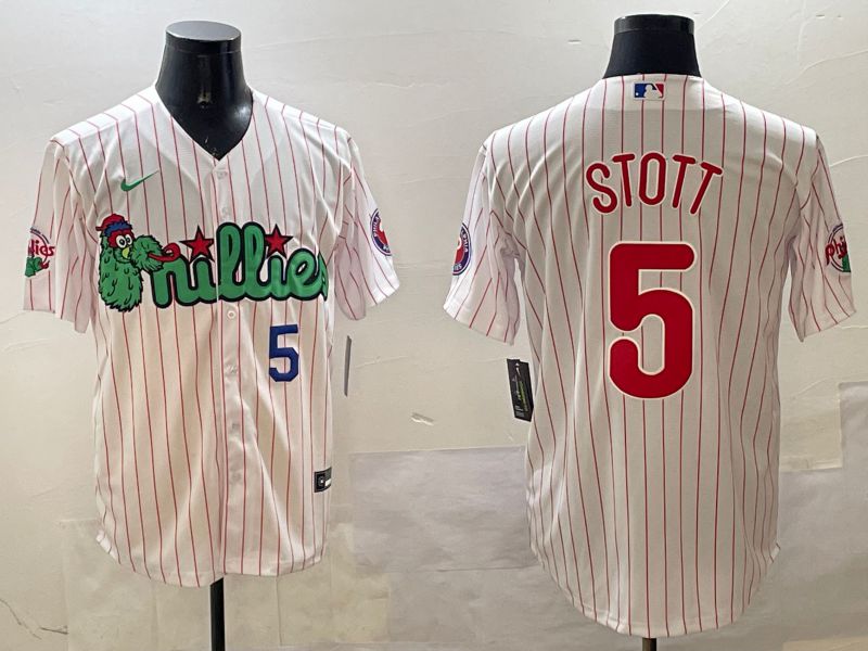 Men Philadelphia Phillies #5 Stott White Stripe Three generations Joint Name Game 2025 Nike MLB Jersey style 2